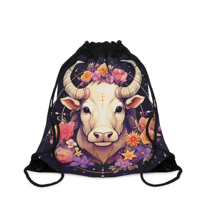 Taurus Zodiac Bull Flower Accents - Astrology Sign - Drawstring Bag