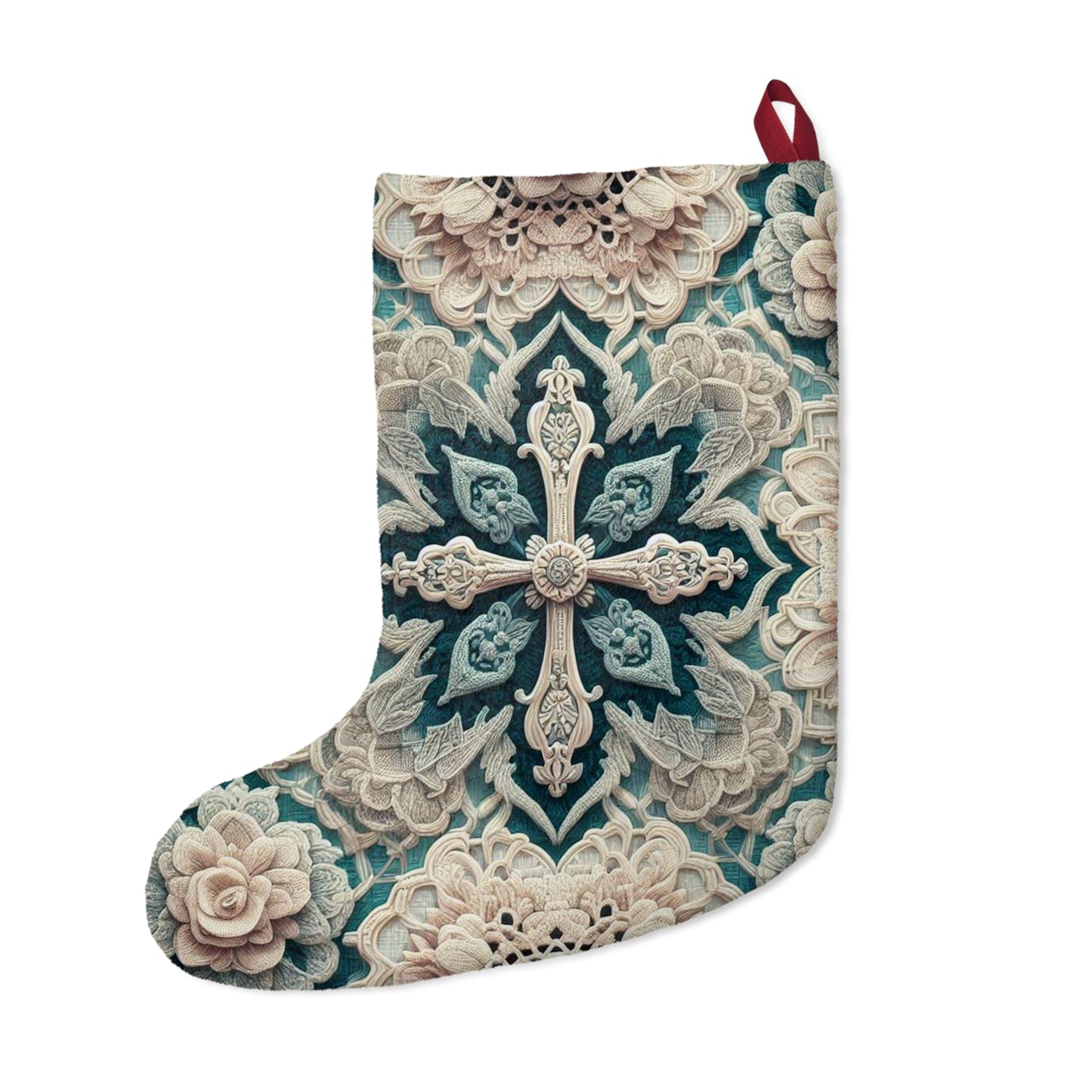 Cream and Teal Floral Symmetry: Intricate Lacework Design with Charm and Artistic Elegance - Christmas Stockings