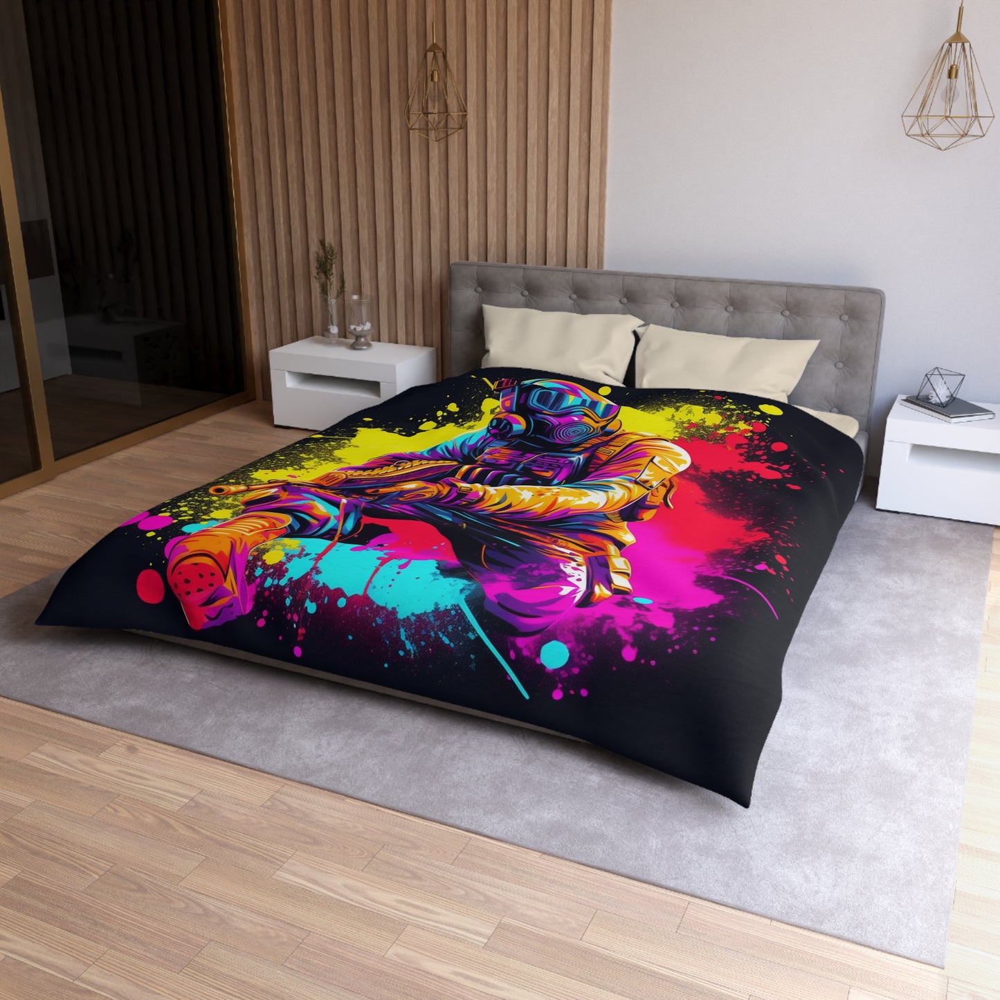 Paintball Action Sport: Player in Battle, Paint Splatter - Microfiber Duvet Cover