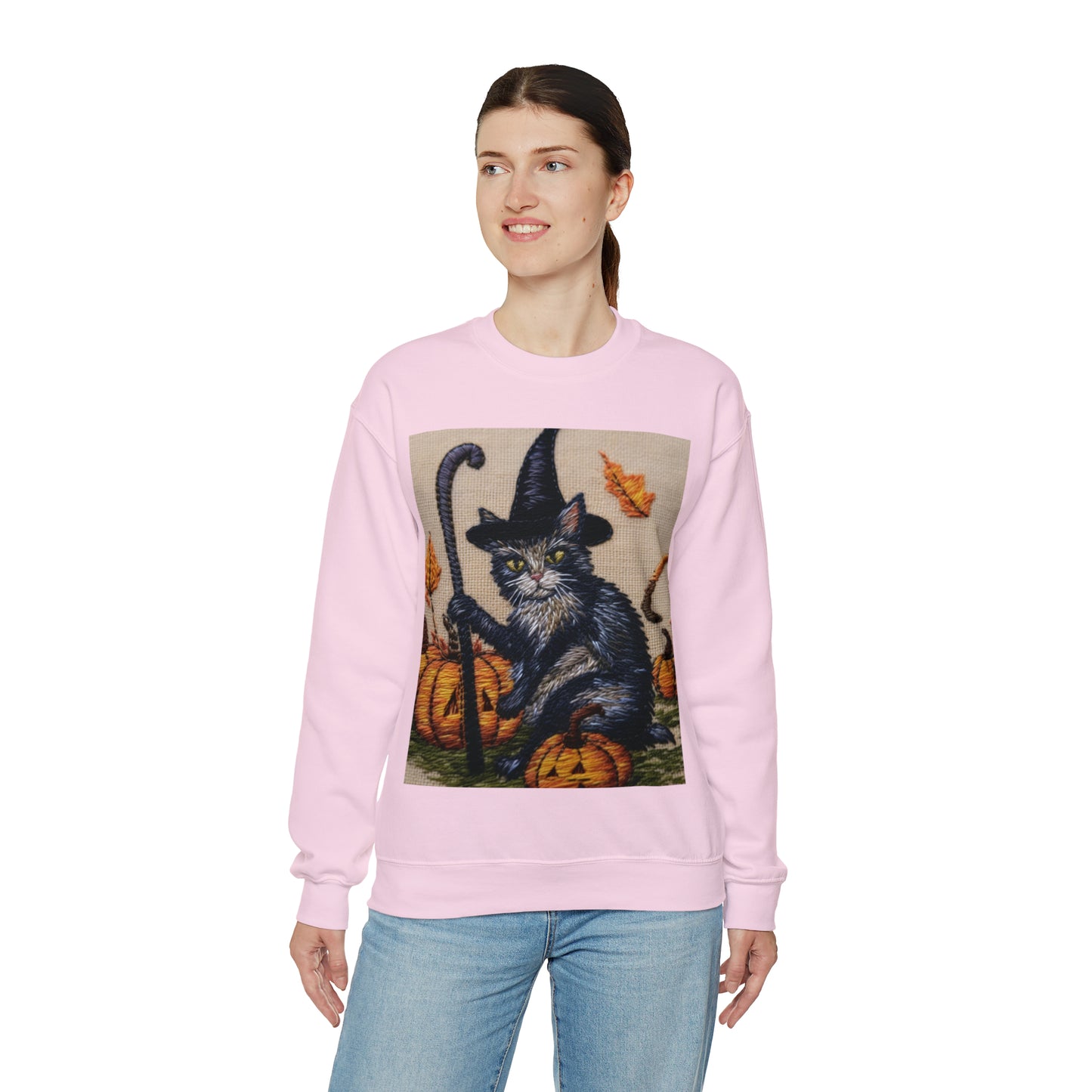 Halloween Cat Magic: Embroidered Style Feline with Pumpkins & Witch Hat - Unisex Heavy Blend™ Crewneck Sweatshirt