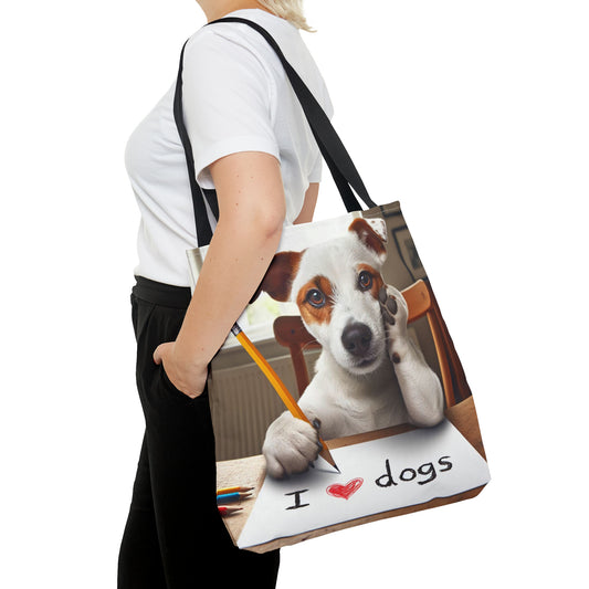 Adorable Dog Writing I Love Dogs, Cute Pet with Pencil Illustration, Animal Lover Artwork, Playful Canine - Tote Bag (AOP)