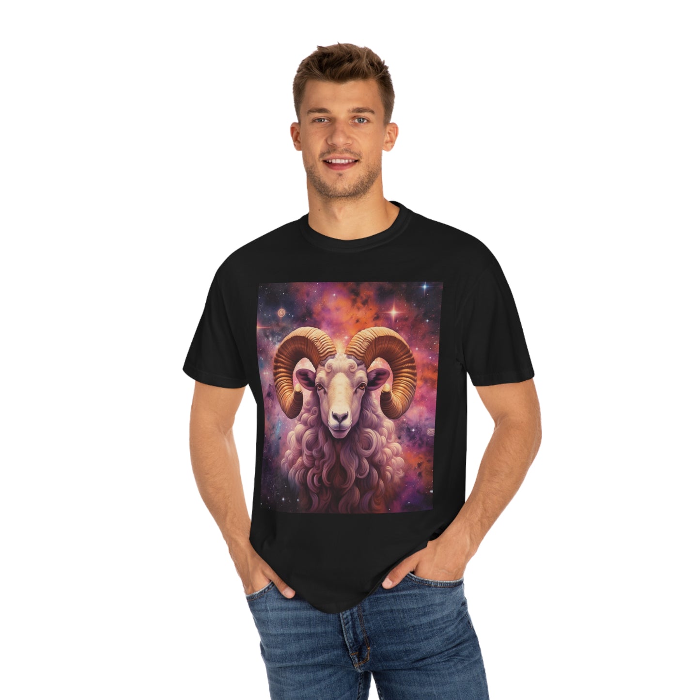 Mystic Aries Constellation - Vibrant Astrology Art - Zodiac Ram - Unisex Garment-Dyed T-shirt