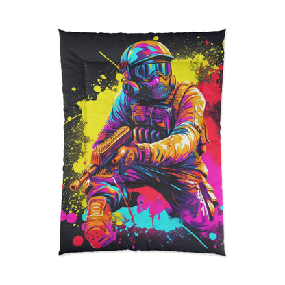 Deporte de acción de paintball: jugador en batalla, salpicaduras de pintura - Cama Colcha 