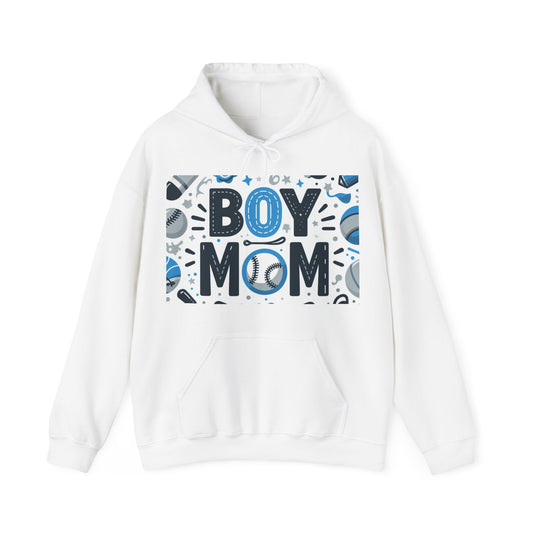 Boymom デザインシャツ、男の子ママ向け野球ギフト、ユニセックス ヘビーブレンド™ フード付きスウェットシャツ