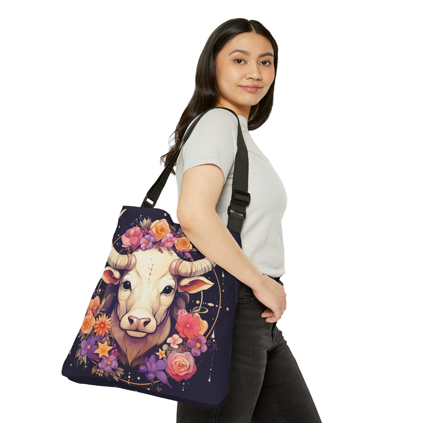 Taurus Zodiac Bull Flower Accents - Astrology Sign - Adjustable Tote Bag (AOP)