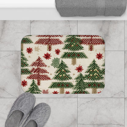 Embroidered Christmas Winter, Festive Holiday Stitching, Classic Seasonal Design - Bath Mat