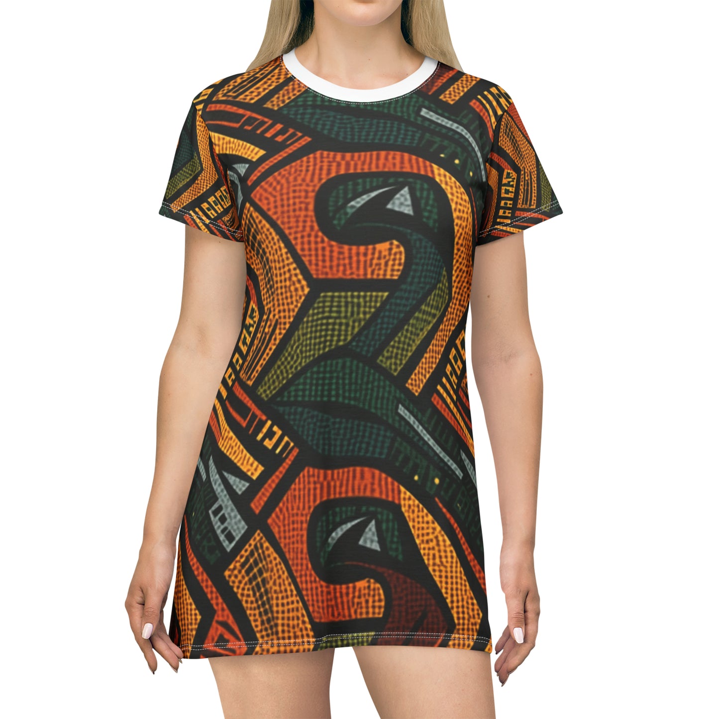 1960-1970s Style African Ornament Textile - Bold, Intricate Pattern - T-Shirt Dress (AOP)