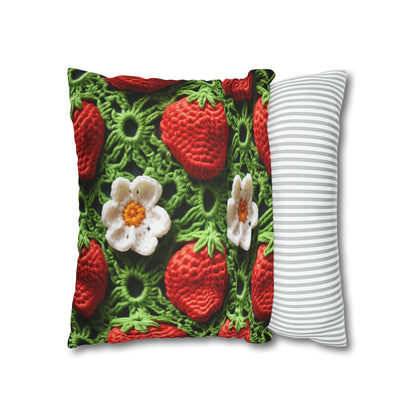 Strawberry Field Crochet - Forever Forest Greens - Fruit Berry Harvest Crop - Spun Polyester Square Pillow Case