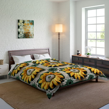 Sunflower Crochet Elegance, Granny Square Design, Radiant Floral Motif. Bring the Warmth of Sunflowers to Your Space - Bed Comforter