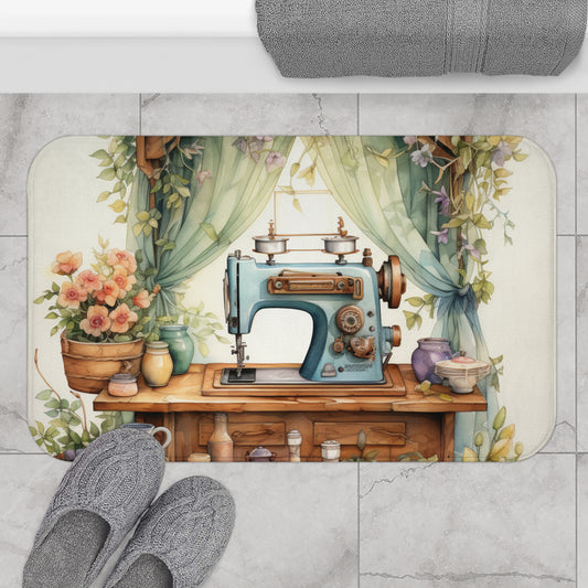 Ilustración de acuarela de rincón de costura rústica, máquina de coser vintage en colores pastel con flores - Alfombra de baño