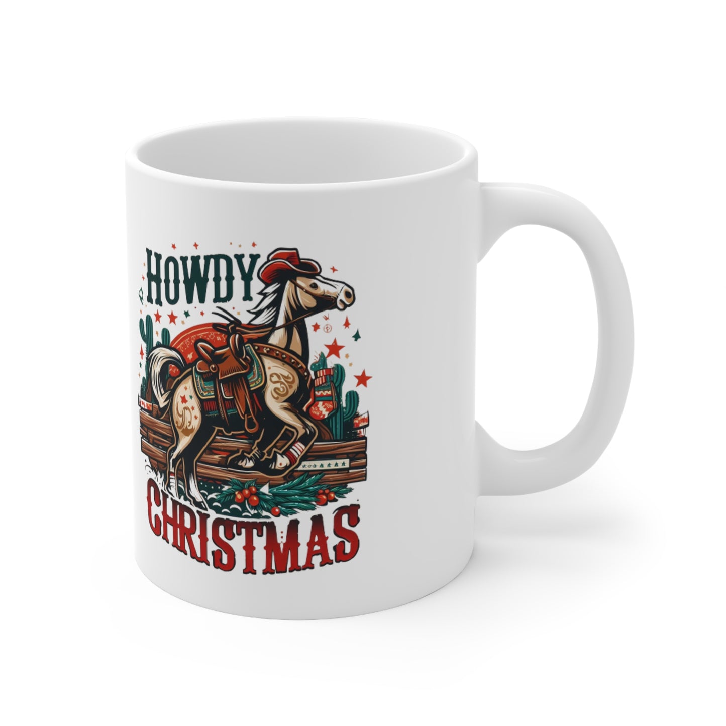 Desert Holiday Charm - Western Howdy Christmas with Festive Cactus and Galloping Horse - Ceramic Mug 11oz