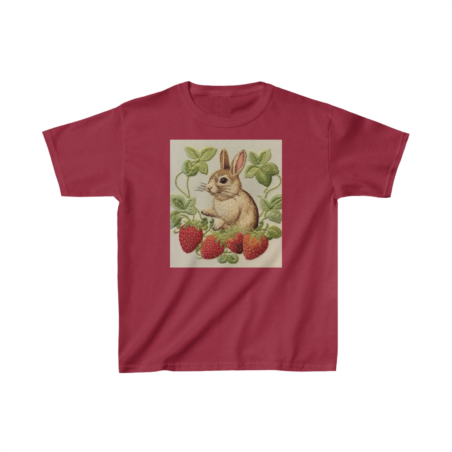 Conejo de fresa - Estilo de bordado - Munchies de frutas de fresas - Regalo de Pascua - Camiseta Kids Heavy Cotton™ 