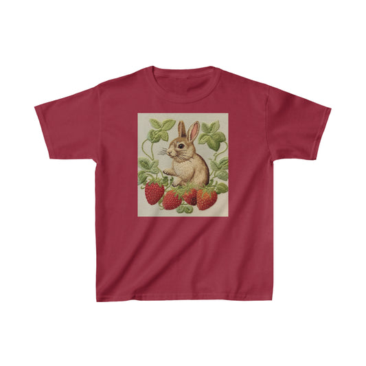 Strawberry Bunny Rabit - Embroidery Style - Strawberries Fruit Munchies - Easter Gift - Kids Heavy Cotton™ Tee