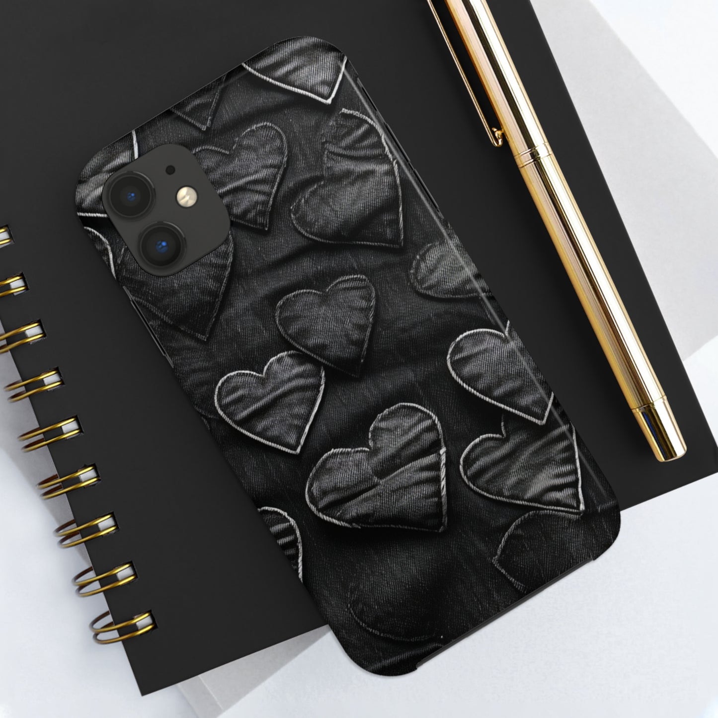 Black: Distressed Denim-Inspired Fabric Heart Embroidery Design - Tough Phone Cases