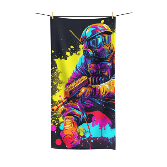 Paintball Action Sport: Player in Battle, Paint Splatter - Polycotton Towel