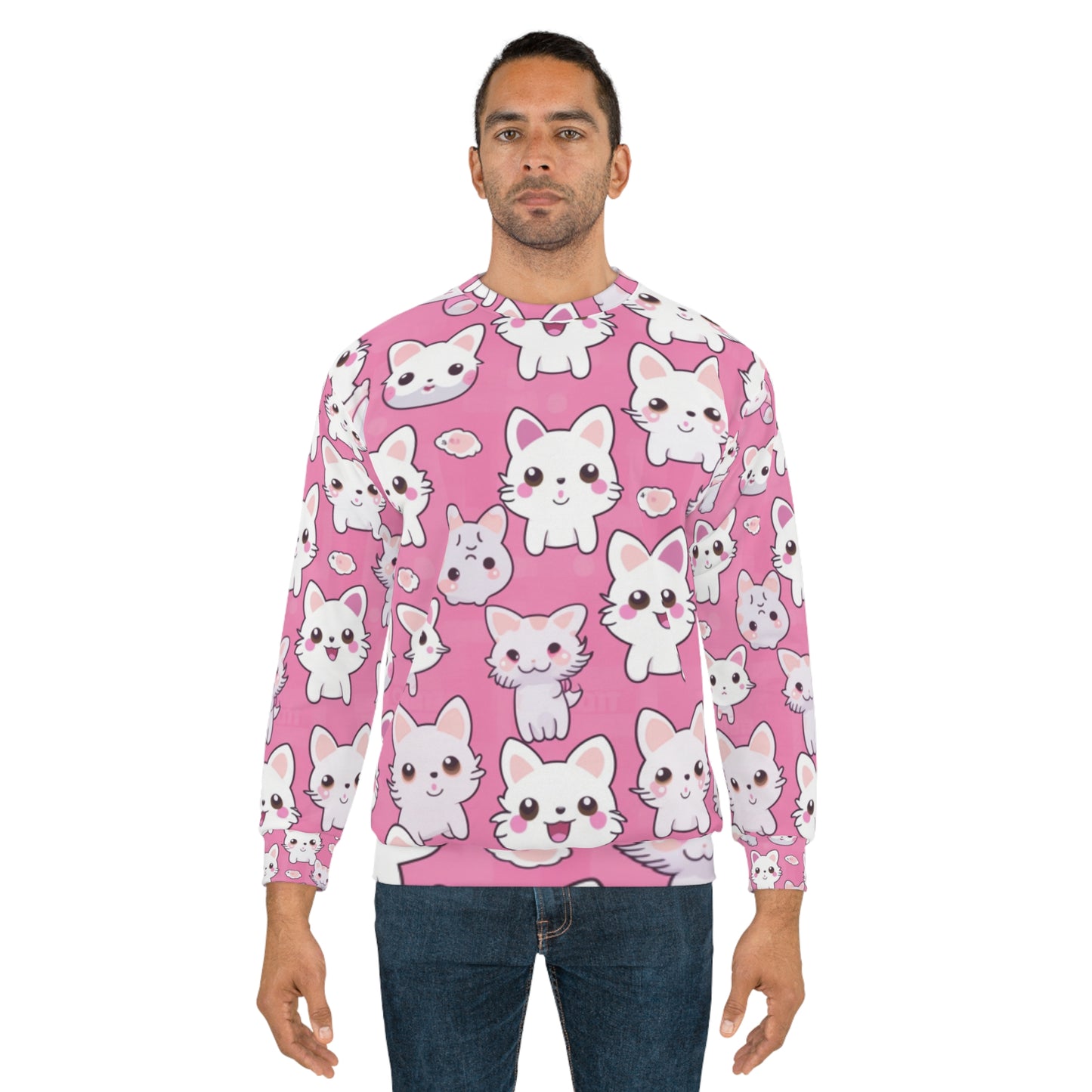 Adorable Cartoon-Style Anime Kitten, Cat, Kitty Pattern - Cute and Colorful - Unisex Sweatshirt (AOP)