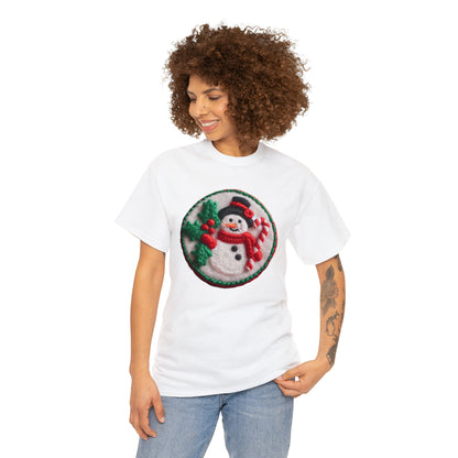 Festive Snowman Embroidered Patch: Christmas Chenille Holly & Candy Cane - Unisex Heavy Cotton Tee