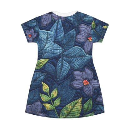 Floral Embroidery Blue: Denim-Inspired, Artisan-Crafted Flower Design - T-Shirt Dress (AOP)