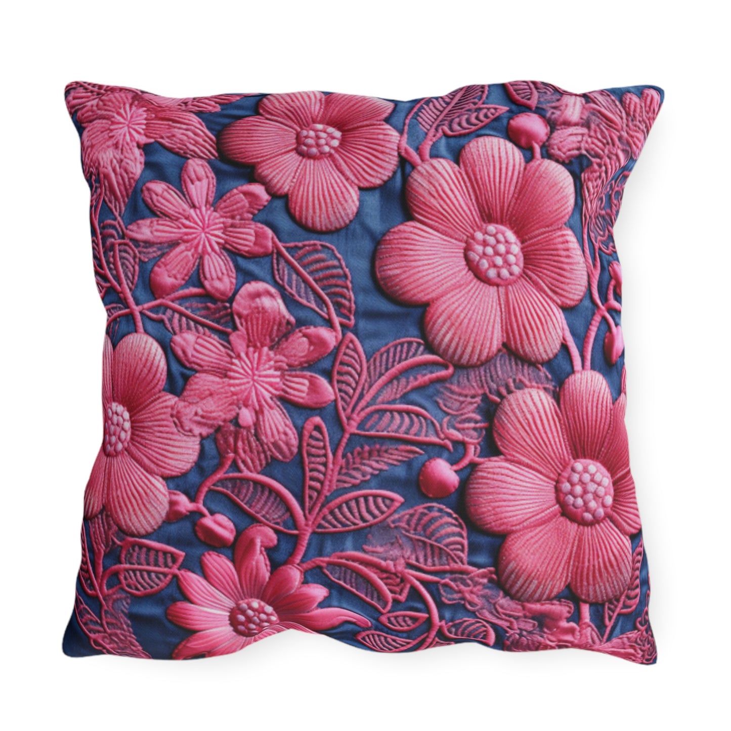 Denim Blue Doll Pink Floral Embroidery Style Fabric Flowers - Outdoor Pillows