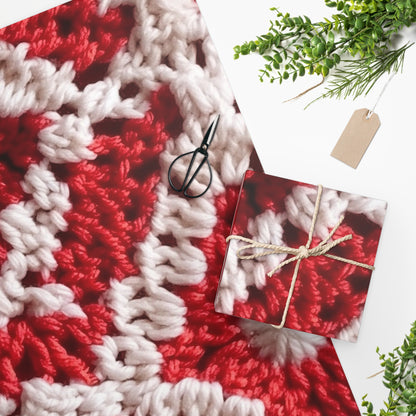 Cálido tejido de crochet rojo y blanco de invierno: diseño de textura cinematográfico elegante - Papel de regalo 