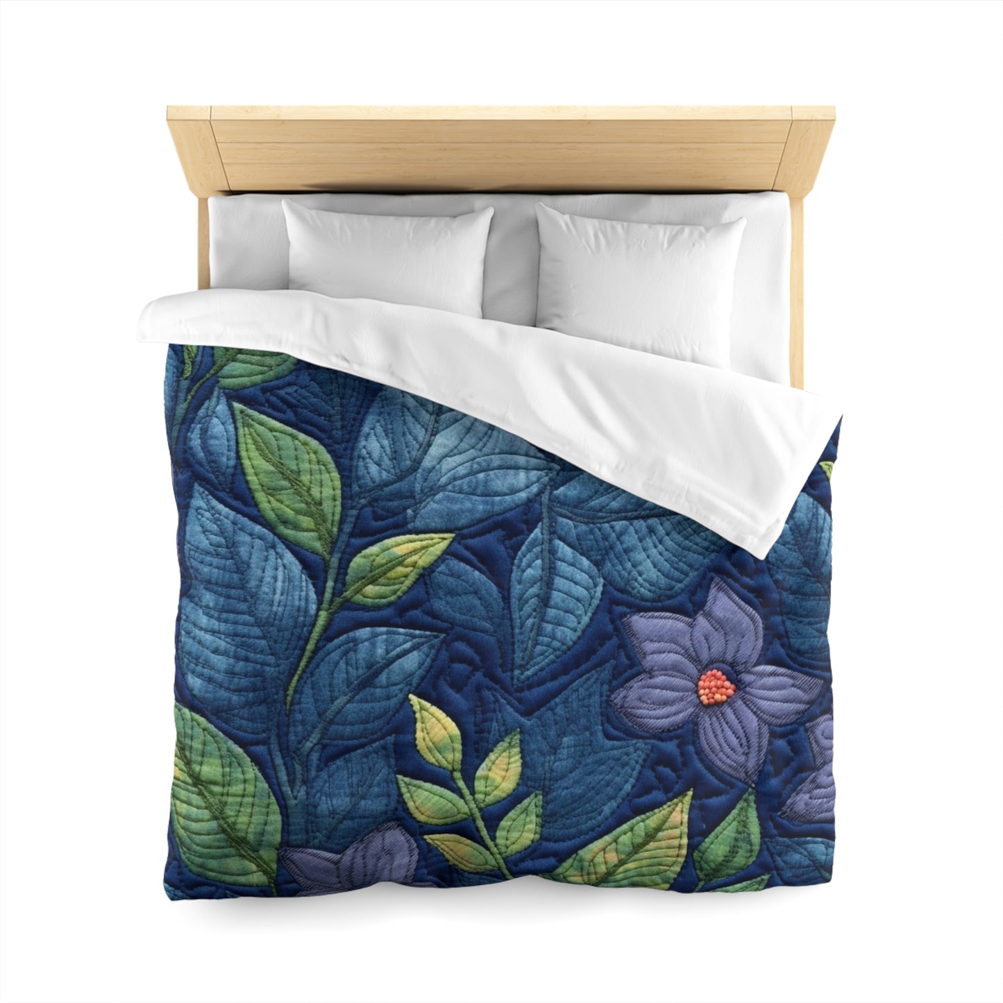 Floral Embroidery Blue: Denim-Inspired, Artisan-Crafted Flower Design - Microfiber Duvet Cover