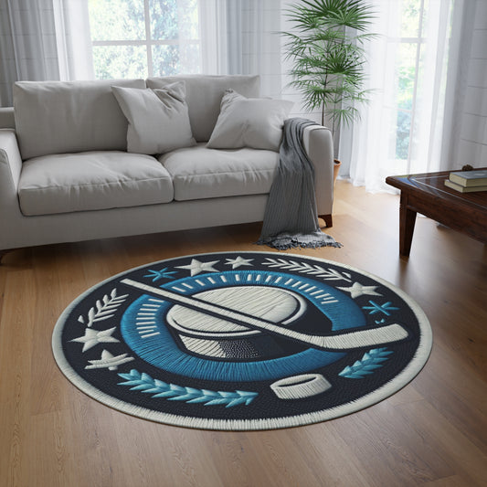 Ice Hockey Puck, Sport Game, Chenille Patch Graphic, Round Rug