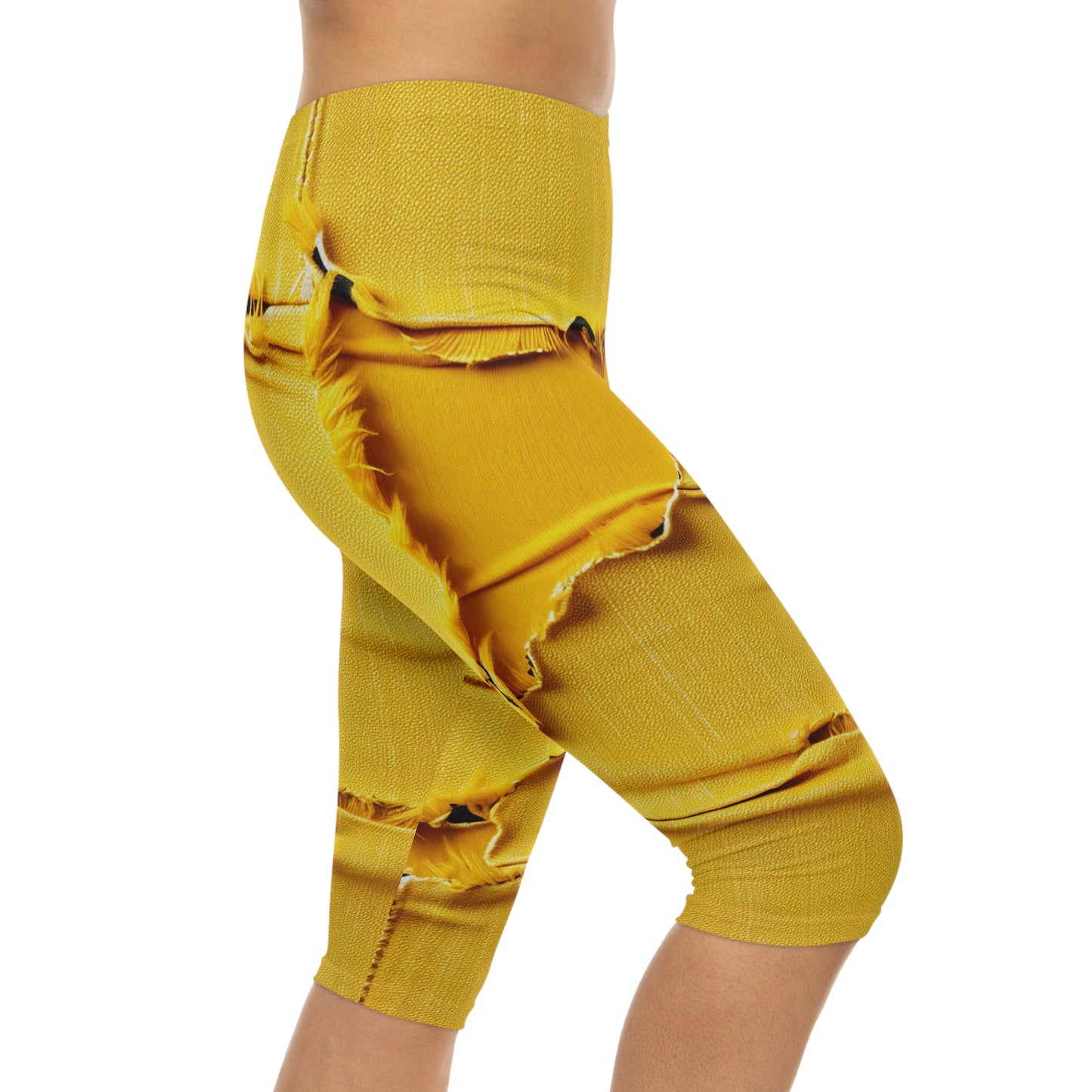 Banana Yellow Lemon: Bold Distressed, Denim-Inspired Fabric - Women’s Capri Leggings (AOP)