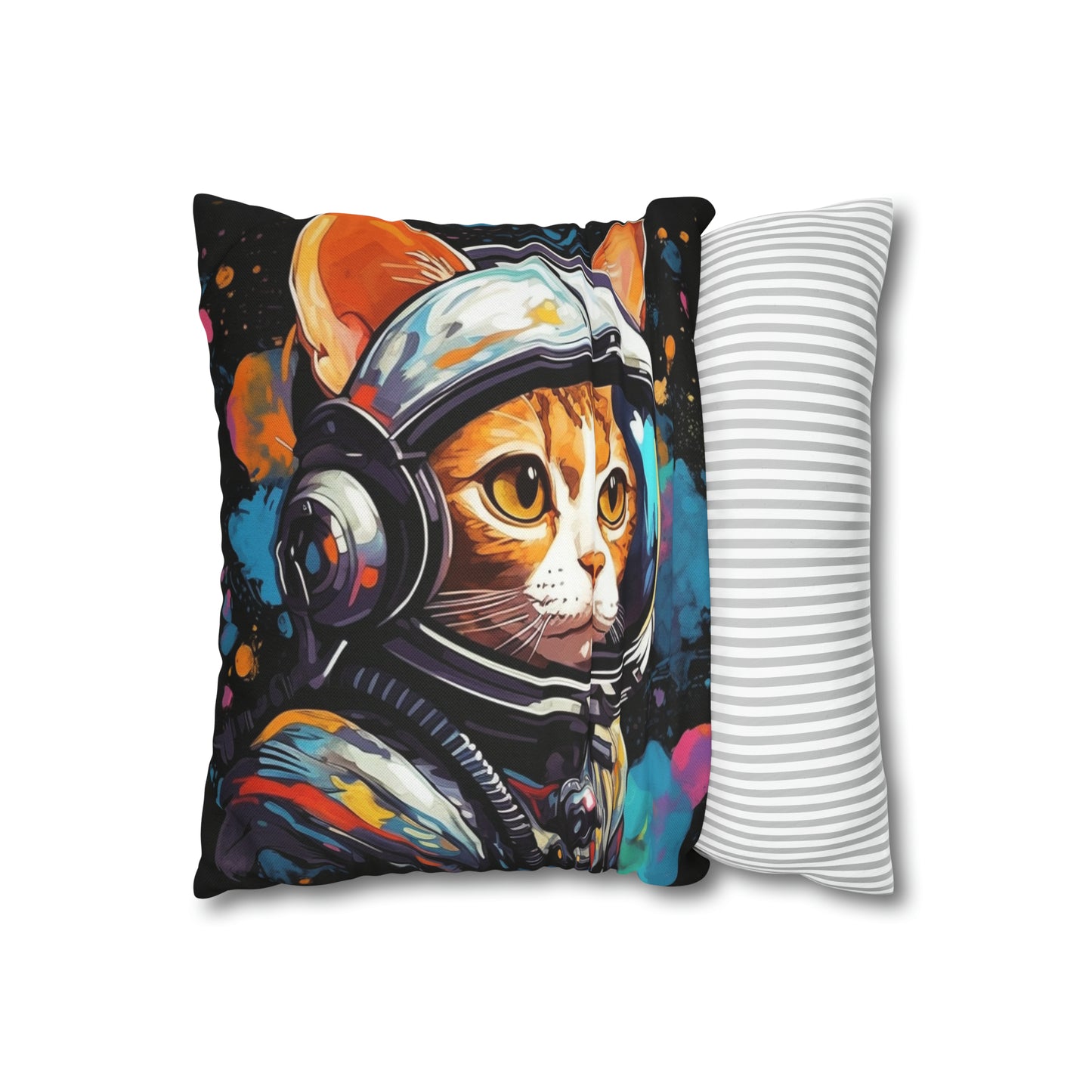 Astro Cat Adventure Feline - Pop Art, Floating in Cosmic Space - Spun Polyester Square Pillow Case