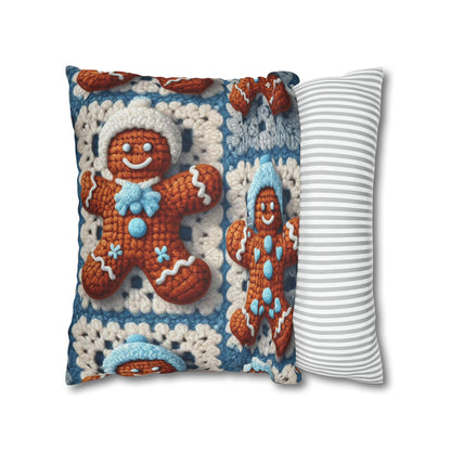 Winter Cheer: Charming Crocheted Gingerbread Christmas Friends Adorned with Snowy Hats and Sweet Smiles - Spun Polyester Square Pillow Case