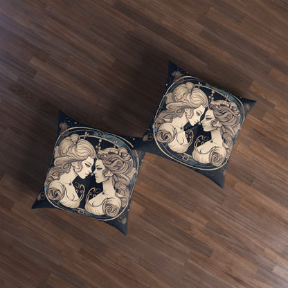 Duality of Gemini - Expressive Twins Zodiac Astrology - Tufted Floor Pillow, Square