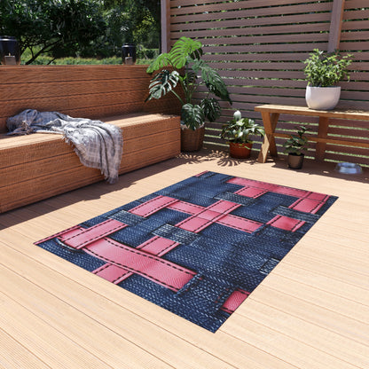 Candy-Striped Crossover: Pink Denim Ribbons Dancing on Blue Stage - Outdoor Rug