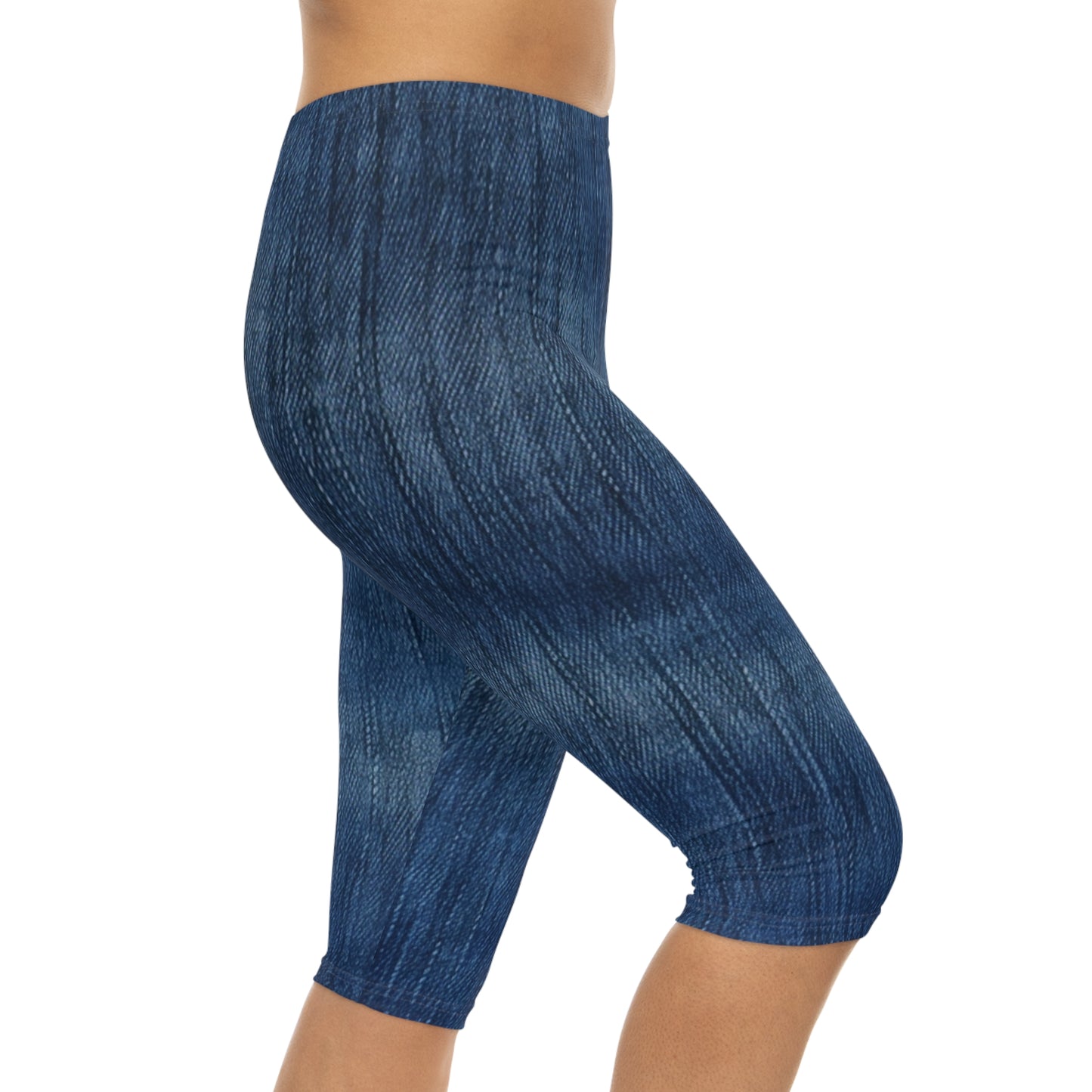 Indigo Splash: Washed Denim Reverie in Deep Blue - Women’s Capri Leggings (AOP)