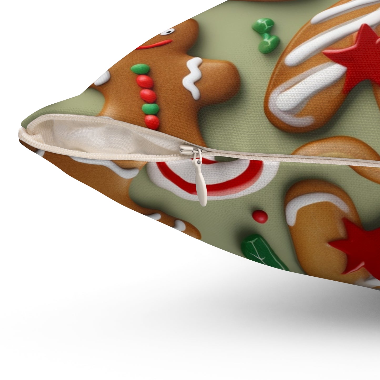 Galleta de Navidad de hombre de jengibre - Árbol - Bastón de caramelo - Almohada cuadrada de poliéster hilado