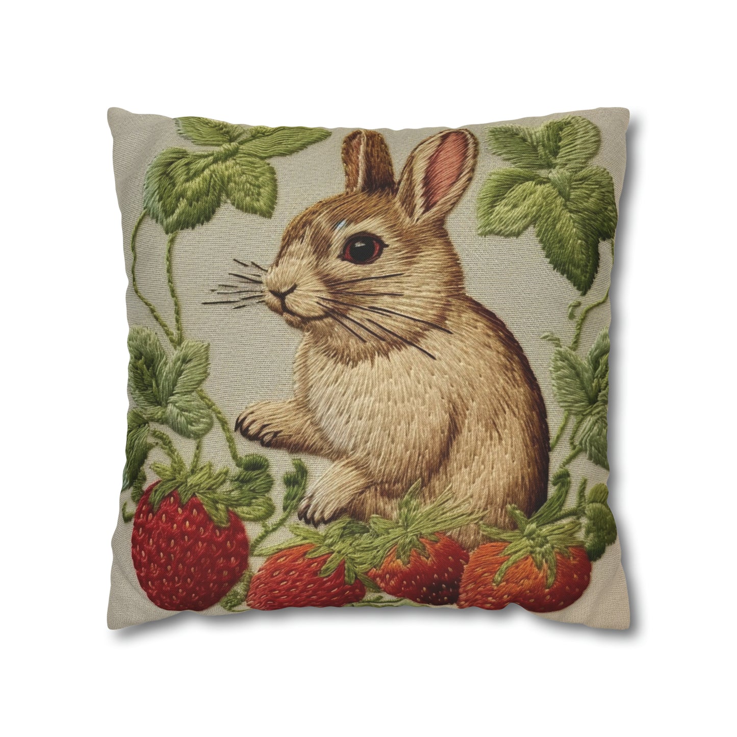 Strawberry Bunny Rabit - Embroidery Style - Strawberries Fruit Munchies - Easter Gift - Spun Polyester Square Pillow Case