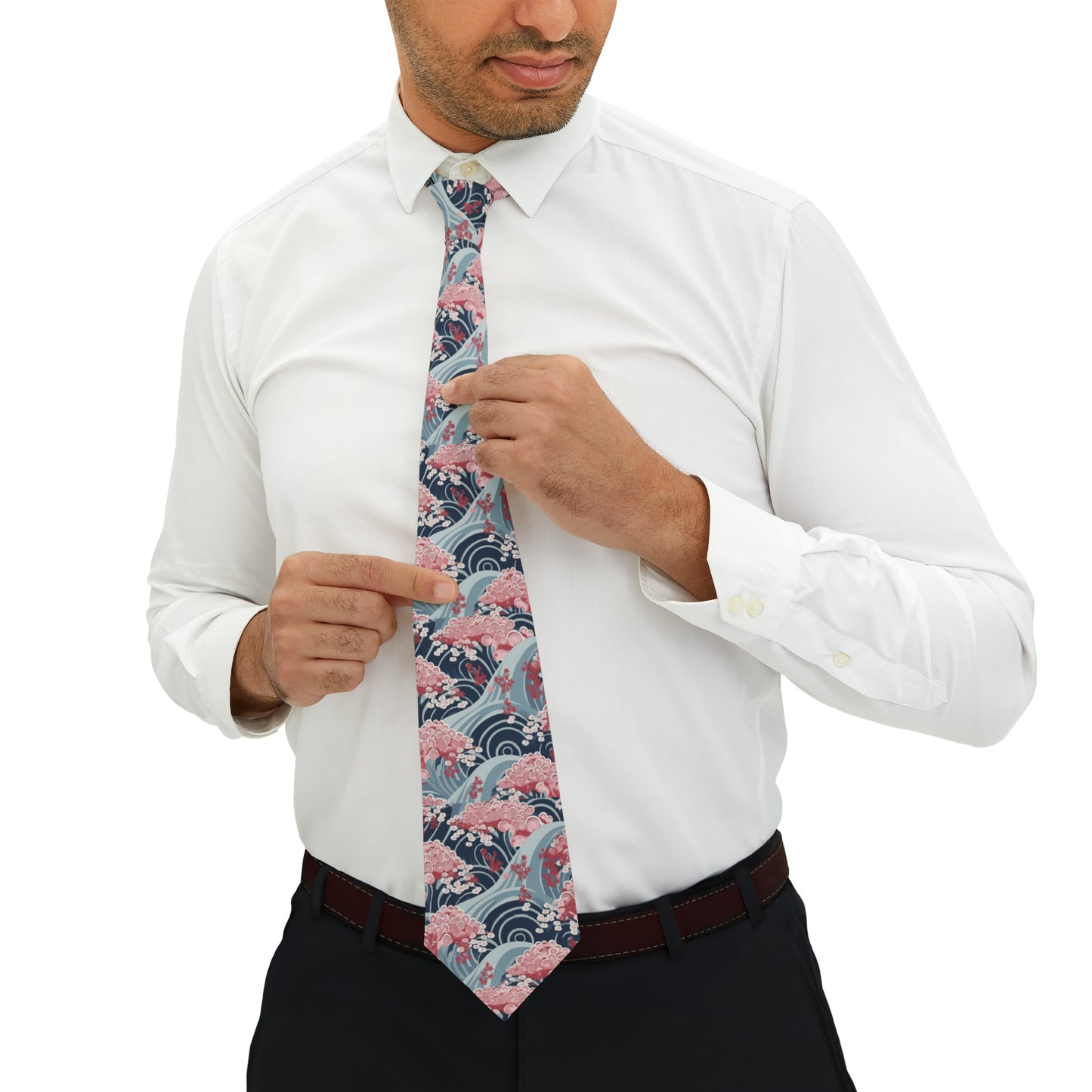 Japanese Minimalist Waves & Cherry Blossoms Pattern - Necktie