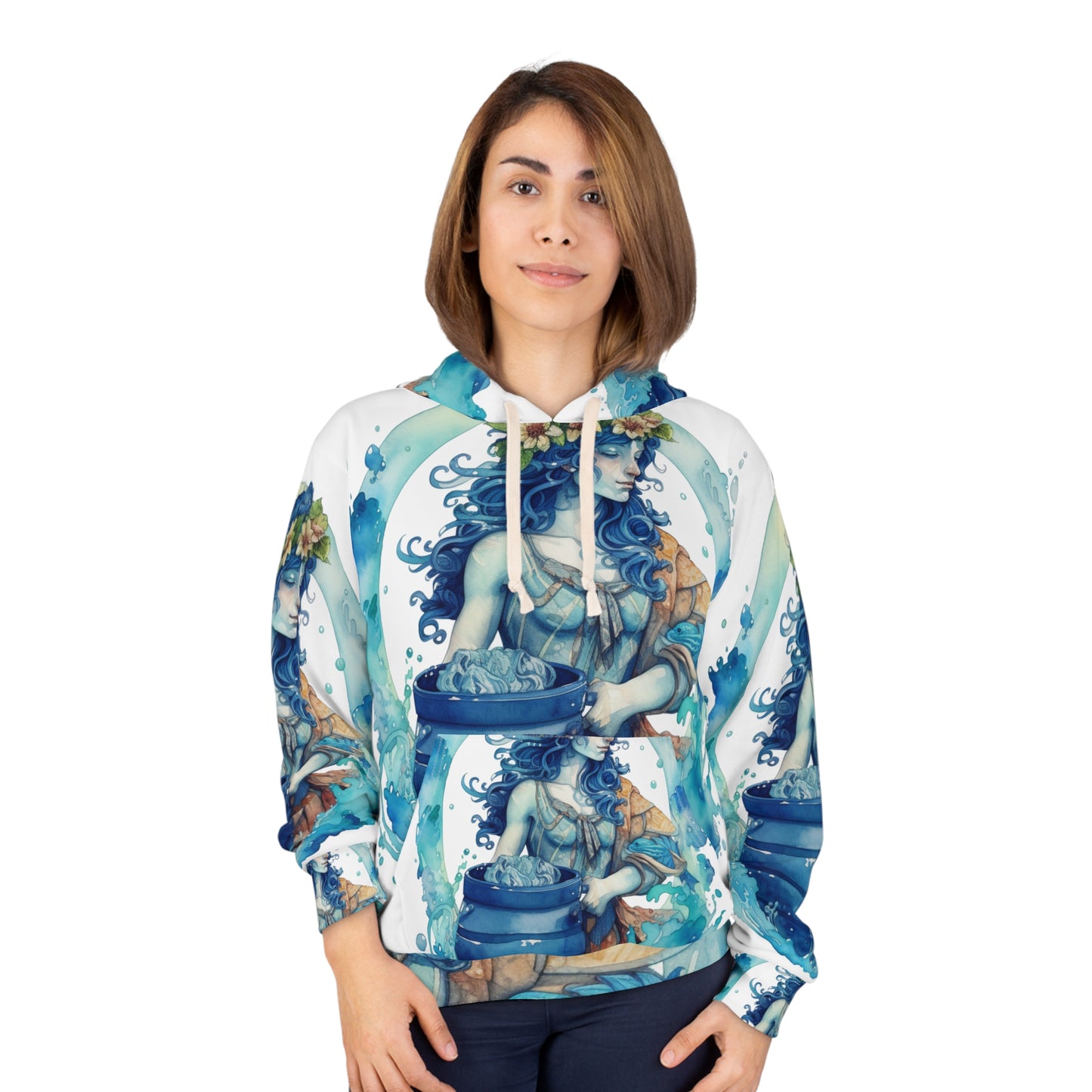 Artistic Aquarius Zodiac - Watercolor Water-Bearer Depiction - Unisex Pullover Hoodie (AOP)