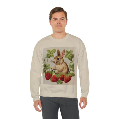 Strawberry Bunny Rabit - Embroidery Style - Strawberries Fruit Munchies - Easter Gift - Unisex Heavy Blend™ Crewneck Sweatshirt