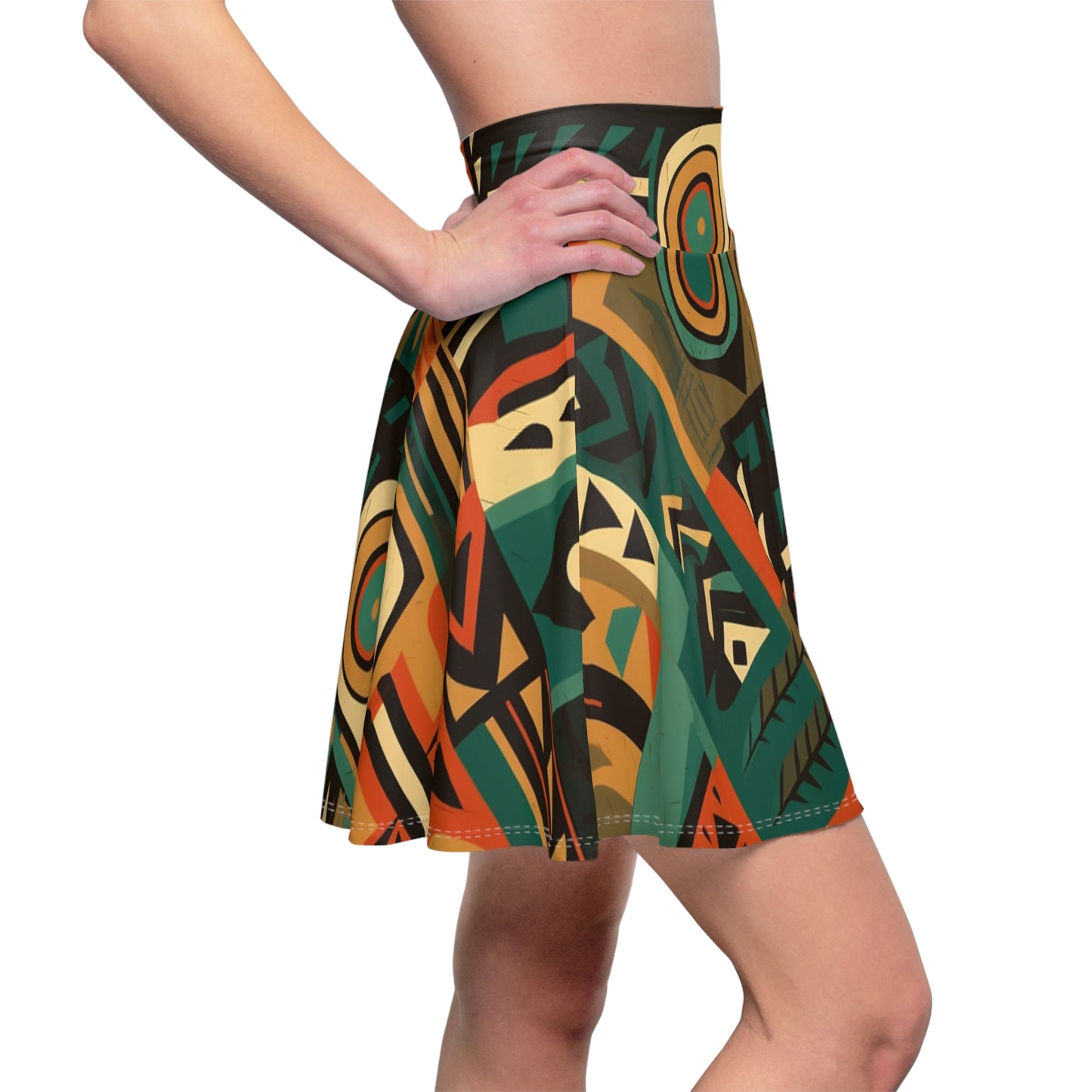 Earthy Tones Geometric Tribal-Inspired Pattern Design Women's Skater Skirt (AOP)