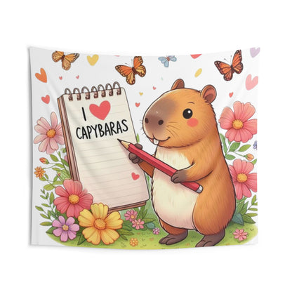 Capybara Holding Pencil and Notepad with I Love Capybaras, Cute Rodent Surrounded by Flowers and Butterflies, Indoor Wall Tapestries