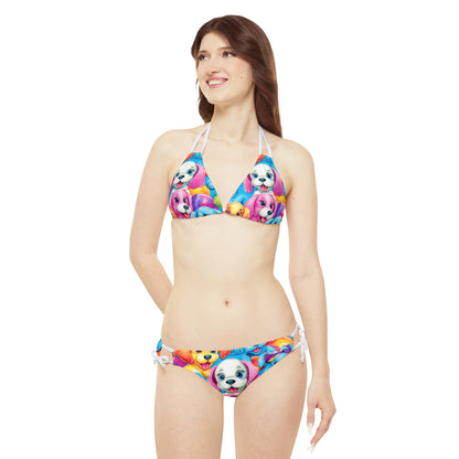 Happy Puppy & Dog Design - Vivid and Eye-Catching - Strappy Bikini Set (AOP)