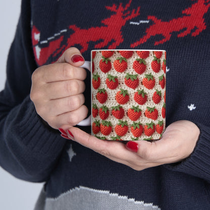 Strawberry Traditional Japanese, Crochet Craft, Fruit Design, Red Berry Pattern - Ceramic Mug 11oz