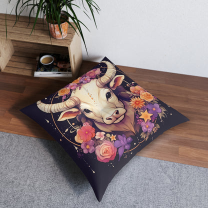 Taurus Zodiac Bull Flower Accents - 占星術のサイン - 房状フロアピロー、スクエア