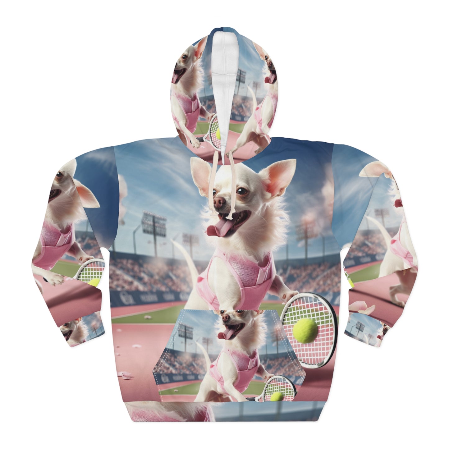 Chihuahua Tennis Ace: Dog Pink Outfit, Court Atheletic Sport Game - Unisex Pullover Hoodie (AOP)