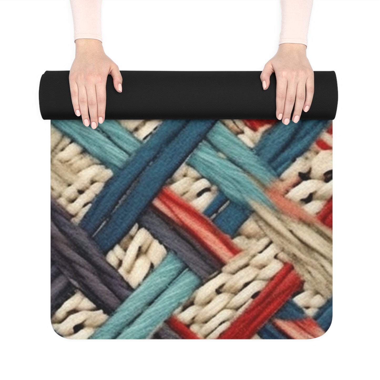 Colorful Yarn Knot: Denim-Inspired Fabric in Red, White, Light Blue - Rubber Yoga Mat