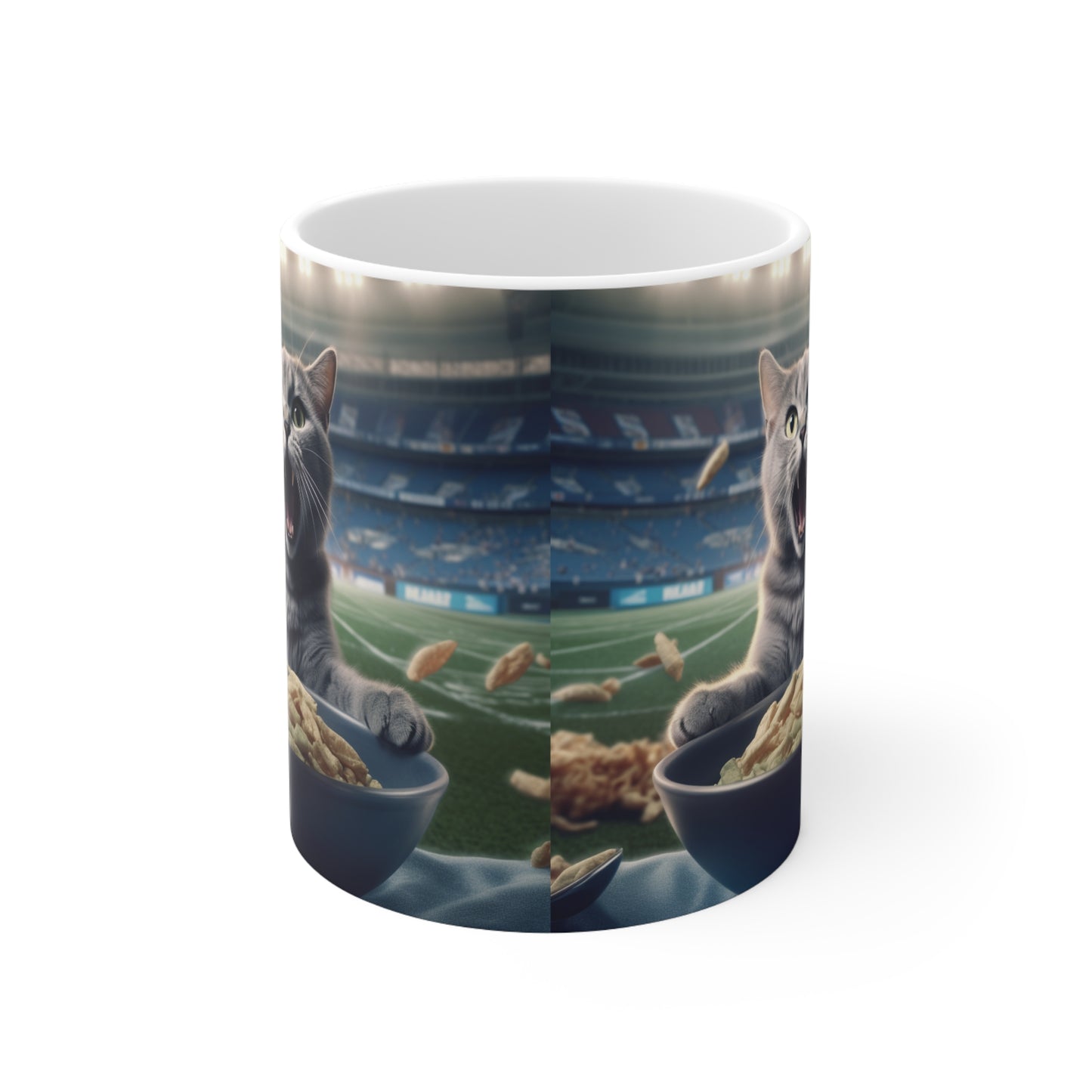 Halftime Football Feline: Screaming Sports Fan Cat Stadium Food Kitten - Ceramic Mug 11oz