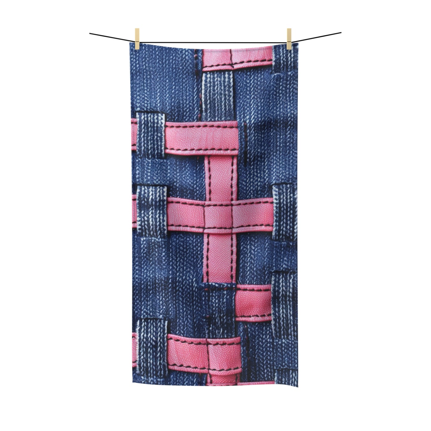 Candy-Striped Crossover: Pink Denim Ribbons Dancing on Blue Stage - Polycotton Towel