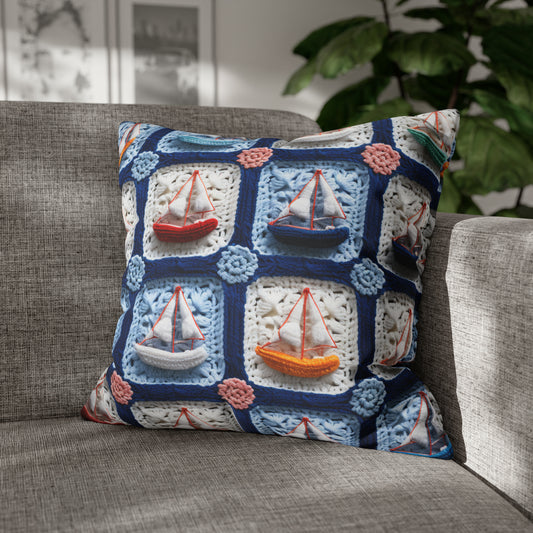 Crochet Boat Ship Sea Vessel Ocean Beach Travel Yacht Design - Spun Polyester Square Pillow Case