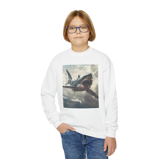 Scary Flying Shark, Ocean Fish Gift, Youth Crewneck Sweatshirt