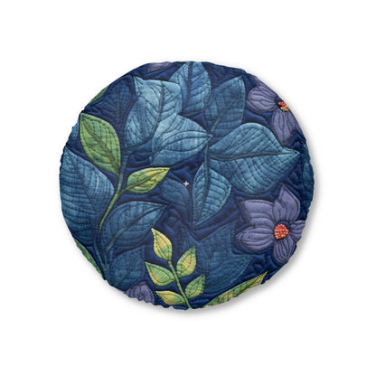 Floral Embroidery Blue: Denim-Inspired, Artisan-Crafted Flower Design - Tufted Floor Pillow, Round