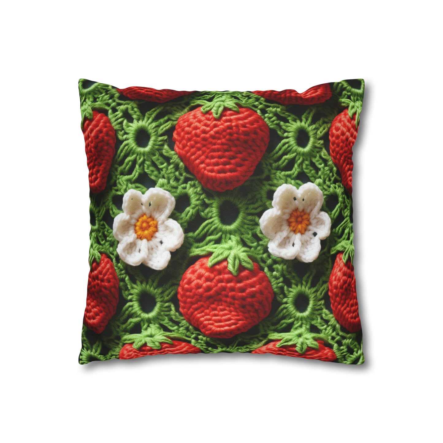 Strawberry Field Crochet - Forever Forest Greens - Fruit Berry Harvest Crop - Spun Polyester Square Pillow Case